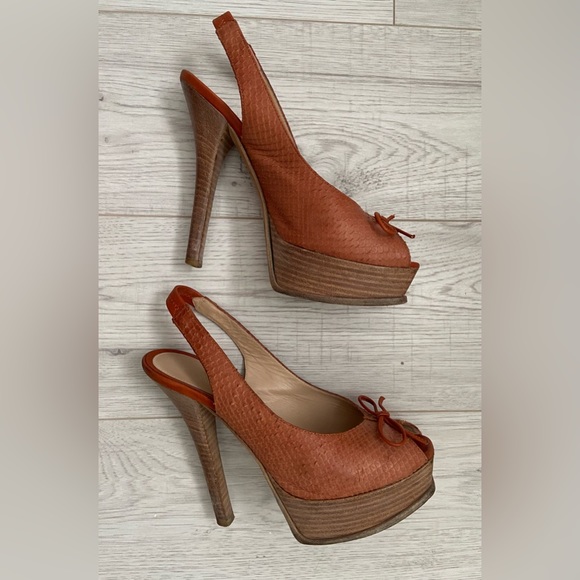 Fendi Logo Orange Skin Platform Slingback Heels Sandals Stilettos Size 37.7 7.5 - Picture 5 of 8